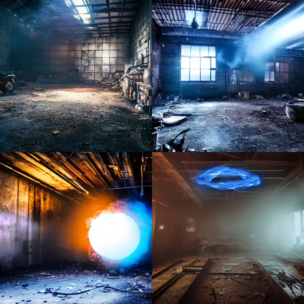Prompt: post apocalyptic wharehouse interior with blue energy orb engulfed in smoke, cinematic, low light, hyperrealistic
