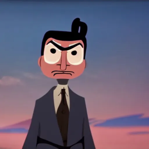 Prompt: mr. bean as samurai jack. movie still. cinematic lighting.