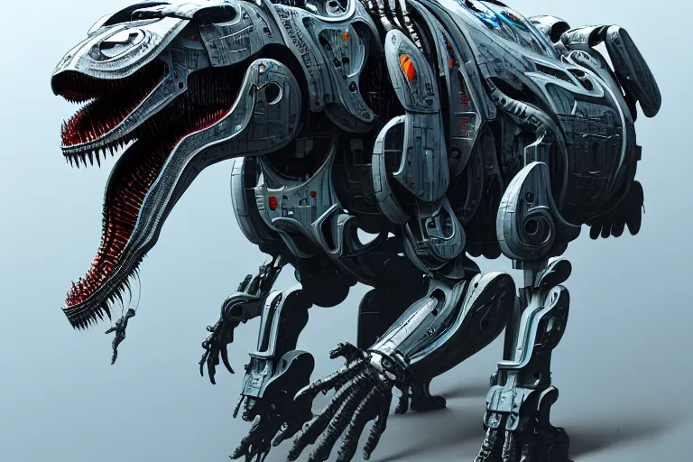 Image similar to trex in a cyborg mech suit, by alexandre ferra, zezhou chen, peter gric, mohamed reda and hr giger, hyper detailed, screen print, character concept art, hyperrealism, coherent, cgsociety, zbrush central, behance hd, hypermaximalist