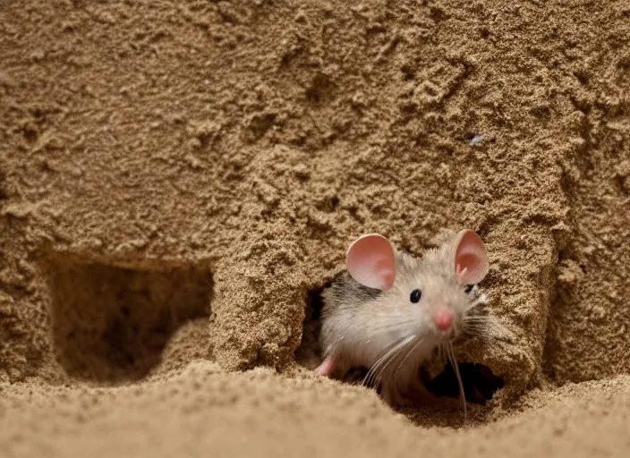 Prompt: dslr photo still of a mouse inside a sand castle, 8 k, 8 5 mm f 1. 4