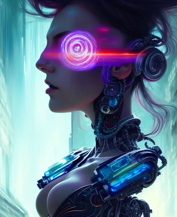 Image similar to whirlwind souls rushing inside metaverse, half body, tiara, robotic, android, cyborg, cyberpunk face, by loish, d & d, fantasy, intricate, elegant, highly detailed, colorful, vivid color, digital painting, artstation, concept art, art by artgerm and greg rutkowski and alphonse mucha and ruan jia