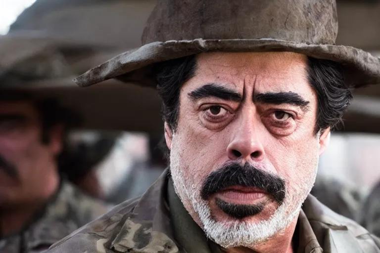 Image similar to Benicio Del Toro as Saddam Hussein in 'SadDamn Hussling 2' (2024), movie still frame, promotional image, imax 70 mm footage, oscar nominated cinematography, volumetric lighting, 8k resolution