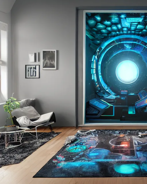 Image similar to artstation scifi scene of a safe room as ikea ad, lounge furniture, carpeted floor, sky mural on the room ceiling, holographic nature art walls, large terrarium, paneled walls, unreal engine 5, hyper realism, realistic shading, cinematic composition, blender render, octane render, hdr, detailed textures, photorealistic, wide shot