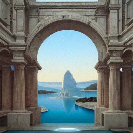 Image similar to David Ligare masterpiece, scifi nightscape, planets, hyperrealistic surrealism, award winning masterpiece with incredible details, epic stunning, infinity pool, a surreal vaporwave liminal space, highly detailed, trending on ArtStation, broken giant marble head statue ruins, calming, meditative