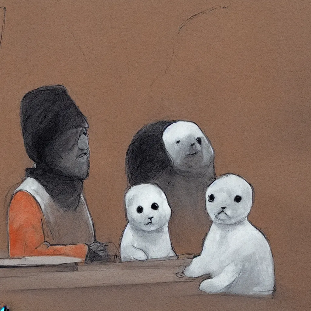 Prompt: a baby harp seal in an orange prisoner jumpsuit, dressed as a prisoner, sitting next to his lawyer in court, courtroom sketch