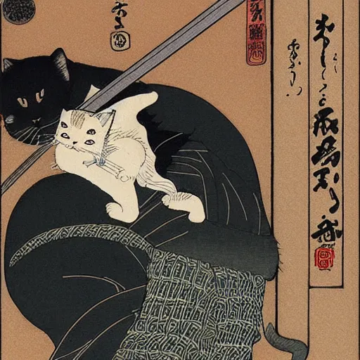 Image similar to illustration of japan cat with katana by takato yamamoto, by yoshitoshi abe, by makoto shinkai