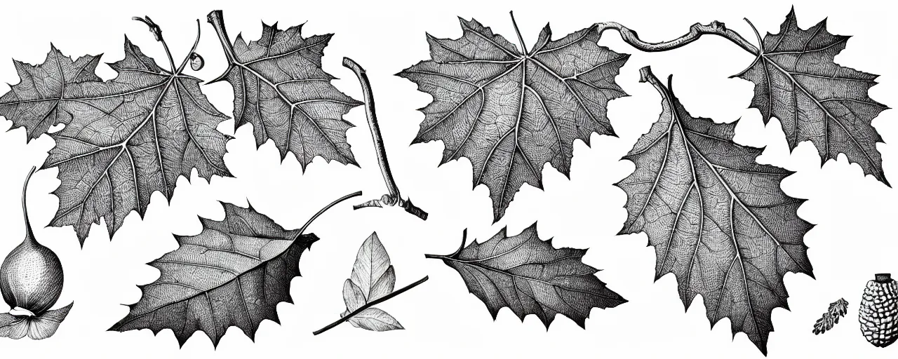 Image similar to a full page schematic diagram illustration of a vine leaf and an oak acorn, ultra detailed, 4 k, intricate, encyclopedia illustration, fine inking lines