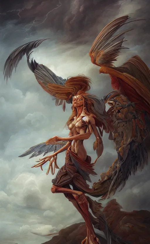 Prompt: an anatomical oil painting of a Harpy from a medical journal by Peter Mohrbacher and Julie Bell, highly detailed, high detail, 8k, storm clouds, birds, dramatic lighting