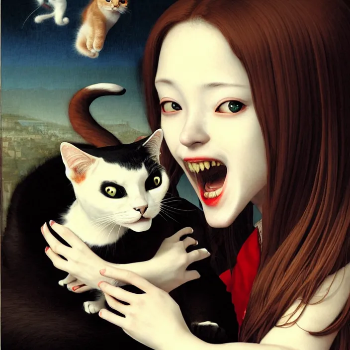 Image similar to renaissance portrait of the secretive vampire girl loner smiling at her cat, by katsuhiro otomo, yoshitaka amano, and artgerm rendered with 3 d effect.