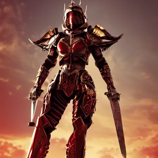 Image similar to picture of metal armored valkyrie, crimson plated, sword and shield, golden wings, divine vibes, light brown hair, white skin, shiny golden eyes, sky background, sharp focus, highly detailed, cinematic lighting, studio quality, smooth render, unreal engine 5 rendered, octane, rendered