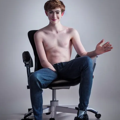 Image similar to “a realistic detailed photo of a guy who is an attractive humanoid who is half robot and half humanoid, who is a male android, twitch streamer Ninja Tyler Blevins, shiny skin, posing like a statue, blank stare, on a gaming chair streaming”