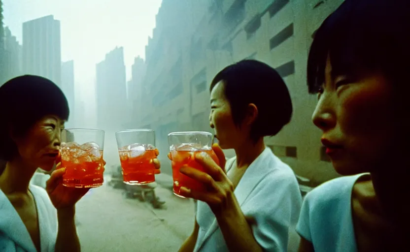 Image similar to cinestill 5 0 d candid photographic portrait by helen levitt of a two android women sharing a drink in futuristic china, extreme closeup, modern cyberpunk, minimalism, dust storm, 8 k, hd, high resolution, 3 5 mm, f / 3 2, ultra realistic faces, intricate detail, ex machina