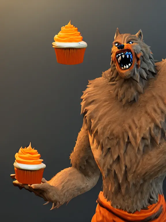 Image similar to cute handsome cuddly burly surly relaxed calm timid werewolf from van helsing holding a delicious cupcake with orange frosting in a candy shop sweet unreal engine hyperreallistic render 8k character concept art masterpiece screenshot from the video game the Elder Scrolls V: Skyrim