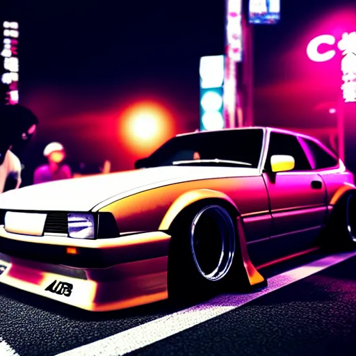 Image similar to a car s30 turbo drift at illegal car meet, Shibuya prefecture, city midnight mist lights, cinematic lighting, photorealistic, highly detailed wheels, high detail