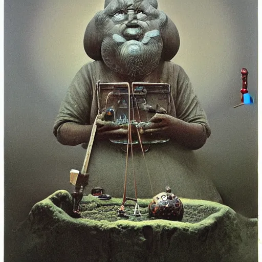 Prompt: Zdzisław Beksiński painting of a gnome tinkerer