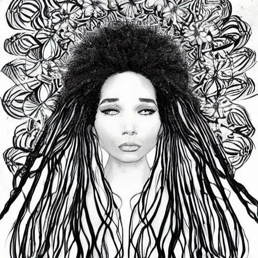 Image similar to black and white pen and ink!!!!!!! sorcerer beautiful attractive long hair Zoë Kravitz wearing High Royal flower print robes flaming!!!! final form flowing ritual royal!!! Contemplative stance Vagabond!!!!!!!! floating magic witch!!!! glides through a beautiful!!!!!!! Camellia!!!! Tsubaki!!! death-flower!!!! battlefield behind!!!! dramatic esoteric!!!!!! Long hair flowing dancing illustrated in high detail!!!!!!!! by Hiroya Oku!!!!!!!!! graphic novel published on 2049 award winning!!!! full body portrait!!!!! action exposition manga panel black and white Shonen Jump issue by David Lynch eraserhead and beautiful line art Hirohiko Araki!! Frank Miller, Kentaro Miura!, Jojo's Bizzare Adventure!!!! 3 sequential art golden ratio technical perspective panels horizontal per page