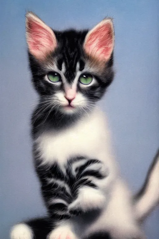 Image similar to 8K UHD cute kitten with floppy ears, by René Magritte, very detailed, matte, Gaussian blur, tone mapped