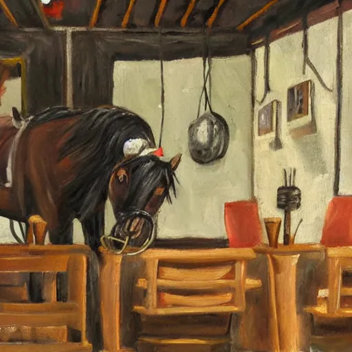 Image similar to a painting of a horse picking its nose, while in a cafe