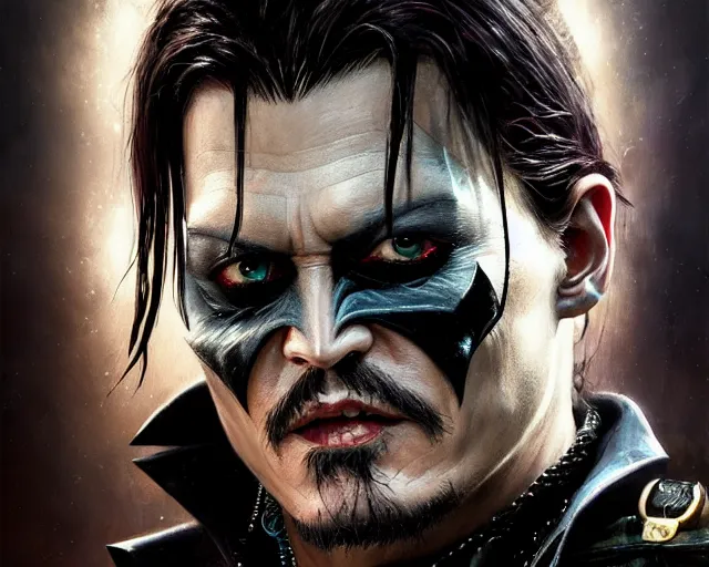 Image similar to highly detailed portrait of johnny depp as the batman who laughs, in mortal kombat 1 1, stephen bliss, unreal engine, fantasy art by greg rutkowski, loish, rhads, ferdinand knab, makoto shinkai and lois van baarle, ilya kuvshinov, rossdraws, tom bagshaw, global illumination, radiant light, detailed and intricate environment