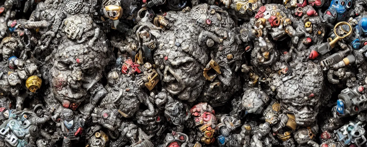 Prompt: a close up of a piece of plastiglomerate made from warhammer figures and face masks, photographic, highly detailed