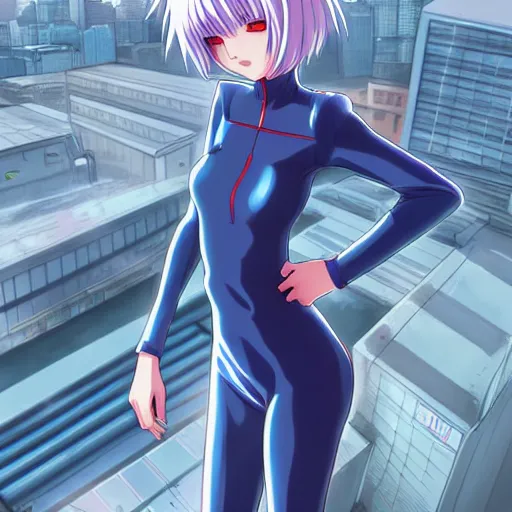 Image similar to anime art, anime fullbody shot of female rei ayanami, long blue hair and large eyes, finely detailed perfect face, in a modern skintight plugsuit, laying on a rooftop, flooded metropolis in ruins, red sea, trending on pixiv fanbox, evangelion, extremely high quality artwork by ilya kuvshinov