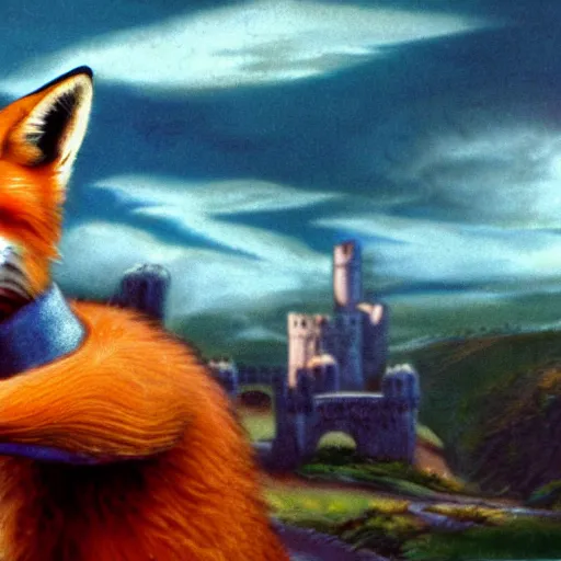 Image similar to anthropomorphic fox!! who is a medieval knight holding a swo - rd towards a stormy thundercloud [ 1 9 3 0 s film still ], ( castle in the background )