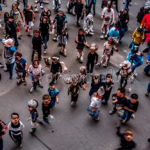 Image similar to portrait of a horde of midgets raiding the streets of new york city, sharp focus, 4 k editorial photograph, soft lighting, shallow depth of field, people out of focus