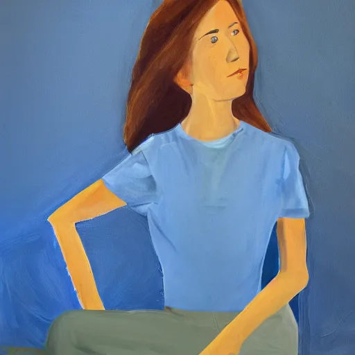 Prompt: a woman in blue shirt by sarah carmody