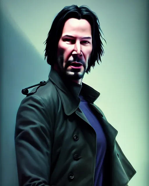 Image similar to highly detailed vfx, a portrait of keanu reeves insanely muscular, wearing the matrix trench coat costume, by stephen bliss, chalk, unrealengine, greg rutkowski, loish, rhads, beeple, chalk, makoto shinkai and lois van baarle, ilya kuvshinov, rossdraws, tom bagshaw, basil gogos