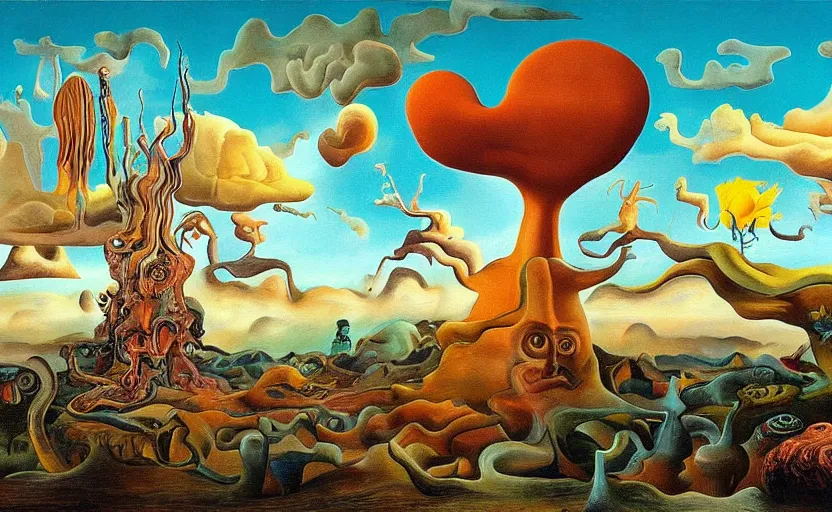 Image similar to strange surrealist landscape with very small strange figures in the distance with large looming biomorphic figures looming inthe foreground, painted by dali and todd schorr and rachel ruysch, timeless disturbing masterpiece