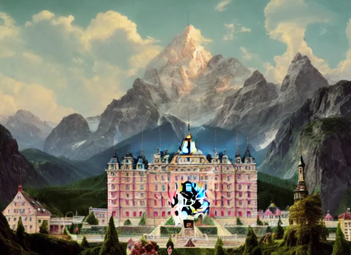 Prompt: painting of the grand budapest hotel in front of beautiful mountains by thomas cole