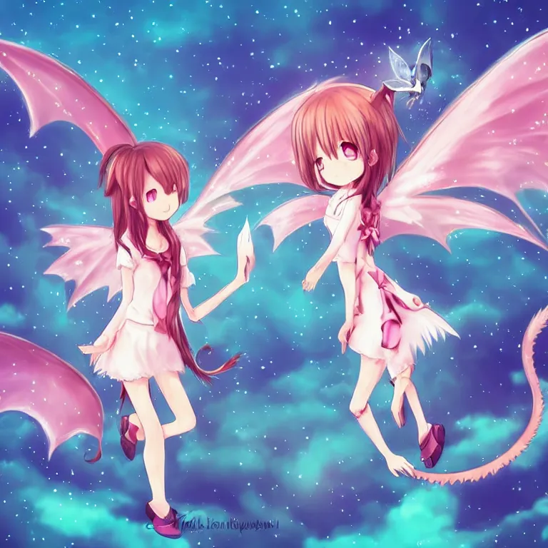 Image similar to cute, full body, female, anime style, a cat girl with fairy wings patting a dragon, large eyes, beautiful lighting, sharp focus, simple background, creative, heart effects, filters applied, illustration