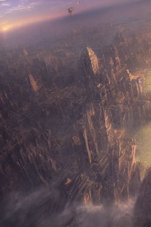 Image similar to a beautiful hyper realistic detailed matte painting of a city floating in the air, flying castle might, vivid color hues, looks like creativity by john howe, greg rutkowski, gustave dore, ferdinand knab, aerial view above a desolate apocalyptic plain, barometric projection, rectilinear, octane render, ellen jewett, beautiful surreal palatial pulsar at dawn