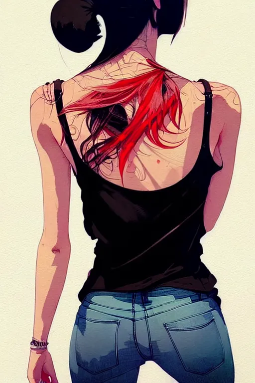 Prompt: a ultradetailed beautiful back painting of a stylish woman, she is wearing a black tank top and jeans, her hair is in a pony tail, by conrad roset, greg rutkowski and makoto shinkai trending on artstation