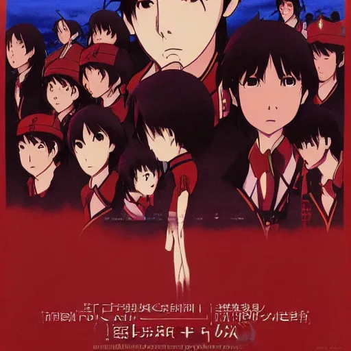Prompt: film still Poster of the red parade, by Dice Tsutsumi, Makoto Shinkai, Studio Ghibli, playstation 2 printed game poster cover, cover art, poster, poster!!!