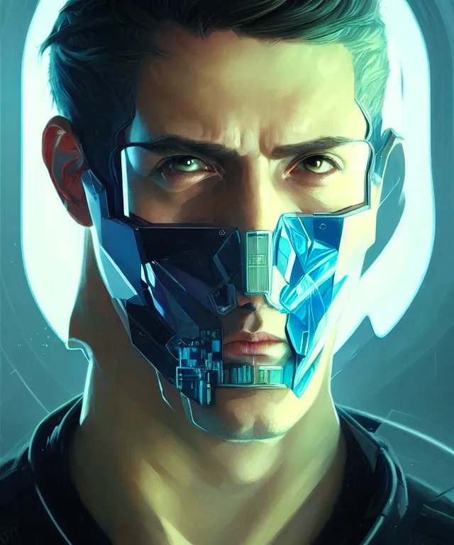 Image similar to Hacker cyberpunk man portrait, highly detailed, digital painting, artstation, concept art, smooth, sharp focus, illustration, art by artgerm and greg rutkowski and alphonse mucha