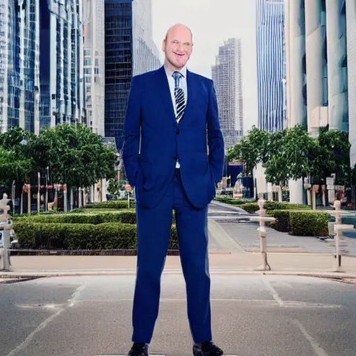 Image similar to a giant middle aged balding blue eyed white man dressed in a white shirt, gray pants and black dress shoes standing in a miniature city