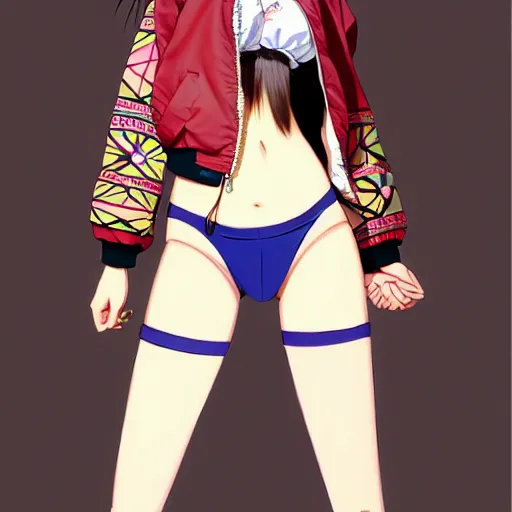 Image similar to a beautiful japanese lalisa alluring gravure model, wearing oversized designer bomber jacket and leotard, bulky poofy bomber jacket with mesoamerican patterns, mesoamerican native street fashion, gapmoe yandere grimdark, trending on pixiv fanbox, painted by greg rutkowski makoto shinkai takashi takeuchi studio ghibli, akihiko yoshida