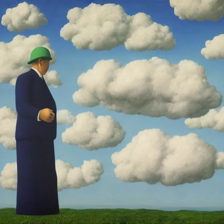 Image similar to cloud - man, by rene magritte, centered, detailed painting, hd, hq, high resolution, high detail, 4 k, 8 k