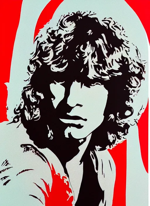 Prompt: Jim Morrison, Detailed, 1970's, Art Poster, Screen print, Cream paper, black, red and cyan ink