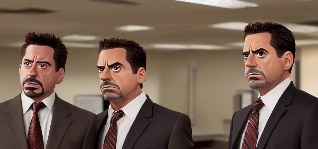 Image similar to a very high resolution image of tony stark and micheal scott. from an episode of the office. photorealistic, photography