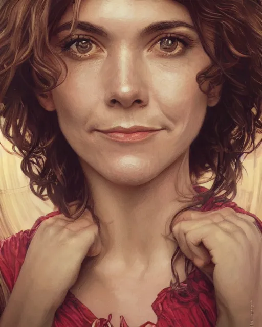 Prompt: portrait of nicole de boer / sabrina hybrid, smiling, 8 k highly detailed, sharp focus, illustration, art by artgerm, mucha, bouguereau, tim hildebrandt