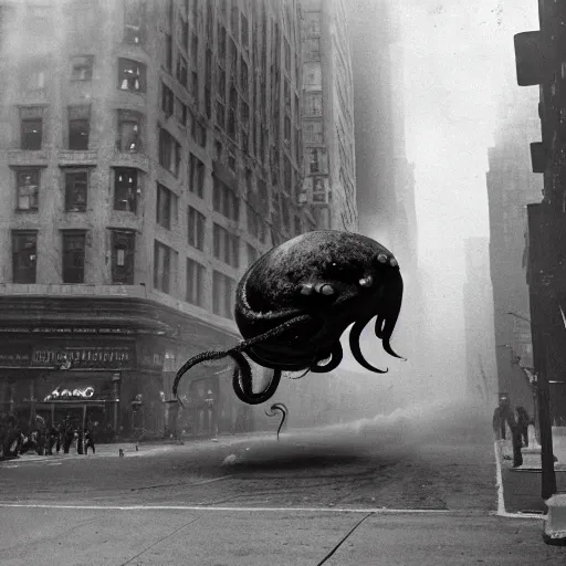 Prompt: old black and white photo, 1 9 1 3, depicting a giant alien dieselpunk octopus rampaging through the bustling streets of new york city, historical record, volumetric fog
