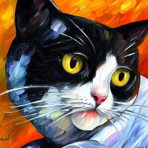 Image similar to painting of a black and white cat wearing a lab coat by Leonid Afremov