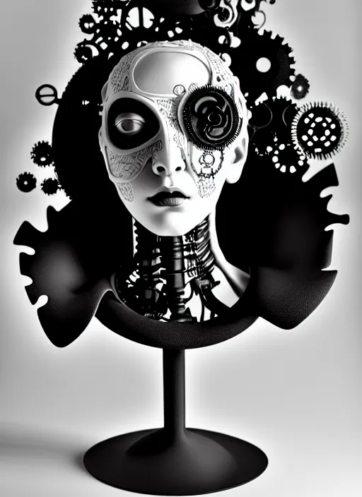 Image similar to black and white dreamy foggy profile face portrait, one steampunk eye biomechanical beautiful young female cyclope - cyborg - robot bust, body ribs meshes,, volumetric light, hibiscus flowers, by hg giger, rim light, by dora maar and cecile beaton, big gothic fashion pearl embroidered collar, 8 k