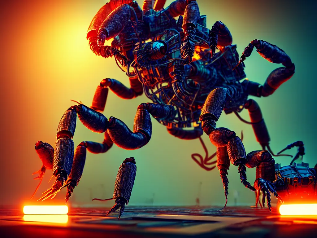 Image similar to A frightening gigantic evil robot scorpion devouring books with pipes and tubes and wires, hyperealistic very colourful hdr cinematic lighting cgi render photorealistic cinematic octane render