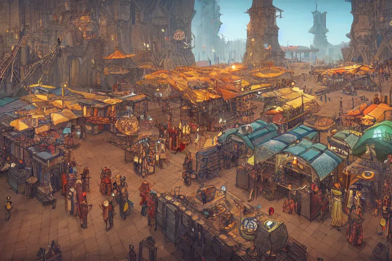 Image similar to a colorful medieval marketplace, Industrial Scifi, detailed illustration, character design, intricate, by Martin Grip and Moebius