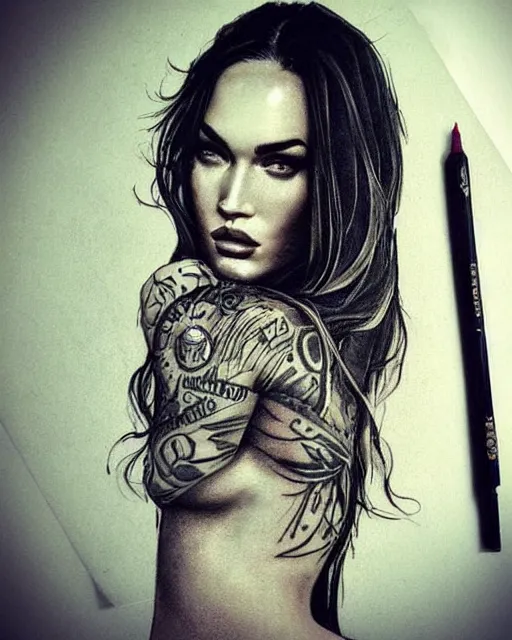 Prompt: a mash up between a megan fox face with a beautiful mountain scenery, medium sized tattoo sketch, amazing detail, trending on pinterest, in the style of brandon kidwell