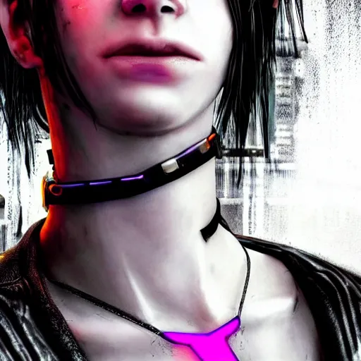 Image similar to detailed realistic cyberpunk female character cyberpunk wearing steel collar around neck, realistic, art, beautiful, 4K, collar, choker, collar around neck, punk, artstation, detailed, female, woman, choker, cyberpunk, neon, punk, collar, choker, collar around neck, thick collar, choker around neck, wearing choker, wearing collar, bright neon punk hair,