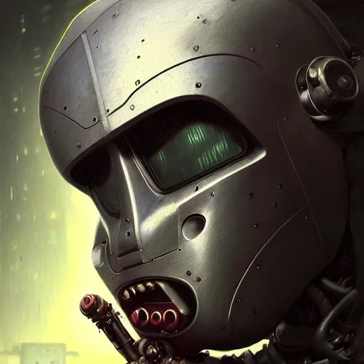 Image similar to a expressive portrait of masked diesel punk robot in dramatic lighting, depth of field background, artstation, award - winning realistic sci - fi concept art by jim burns and greg rutkowski, beksinski, a realism masterpiece, expressive color palette, james gilleard, bruegel, alphonse mucha, and yoshitaka amano